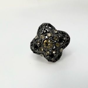 Black Filigree Rhinestone Premier Design Cocktail Ring Clear  Black Stone Accent